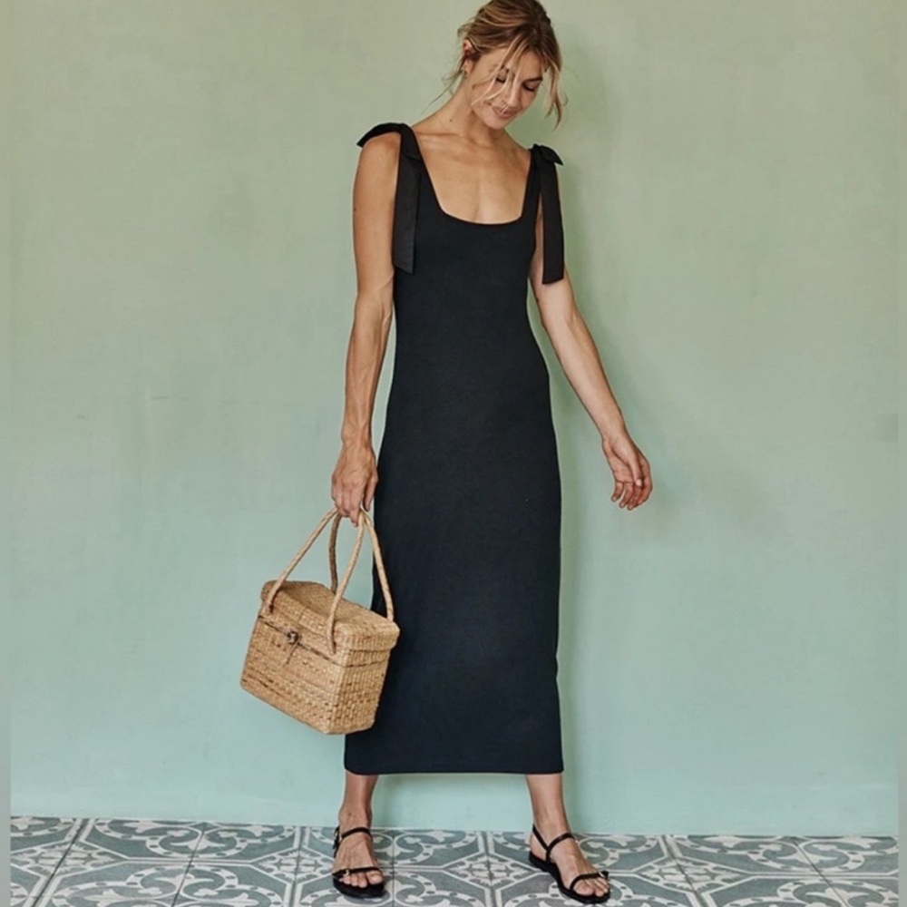 Summersault brand-body skimming knit dress bow details on shoulder straps.
